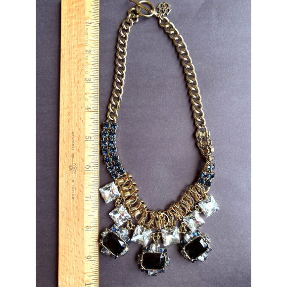 VTG Anne Taylor Chunky Gold Tone Necklace Blue Rhinestone Bib Statement Formal - Picture 8 of 8